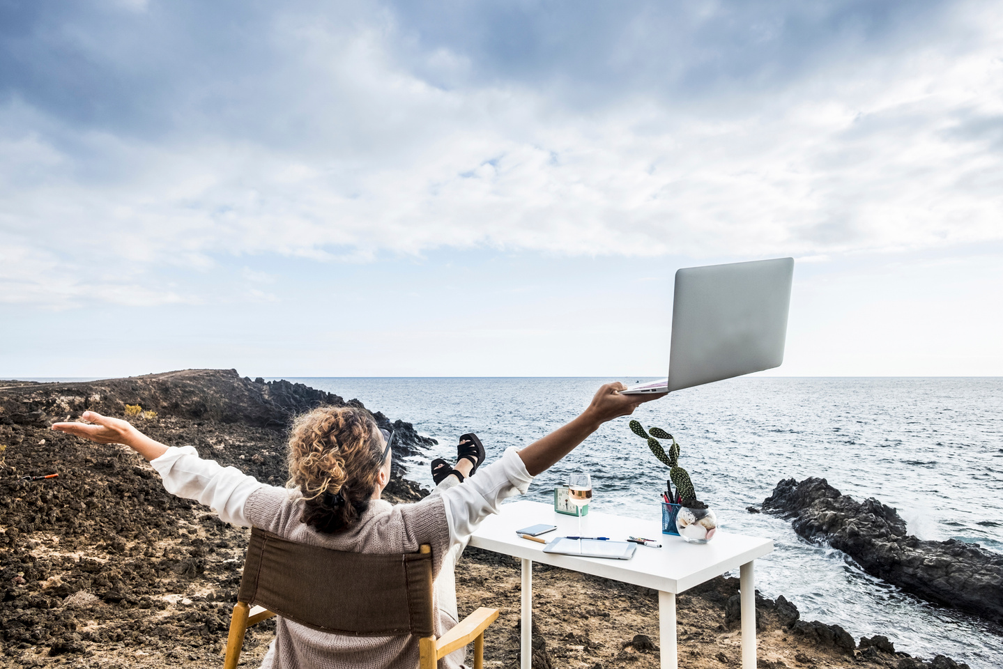 Middle Age Woman Working in Alternative Office in Freedom 